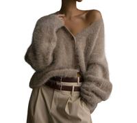 LLECDASEUI Womens Fuzzy Cardigan Sweater V Neck Long Sleeve Button Down Slouchy Furry Knit Sweaters 2024 (Khaki,M)