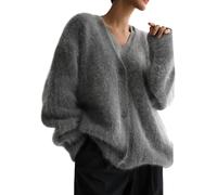 LLECDASEUI Womens Fuzzy Cardigan Sweater V Neck Long Sleeve Button Down Slouchy Furry Knit Sweaters 2024 (Grey-b,S)