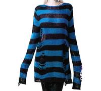 LLECDASEUI Women's Gothic Striped Hole Ripped Long Jumper, Y2K Grunge Hollowed Knitted Jumper, Plus Size Bagged Pullover Tops, Black & blue, One Size