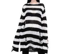 LLECDASEUI Women's Gothic Striped Hole Ripped Long Jumper, Y2K Grunge Hollowed Knitted Jumper, Plus Size Bagged Pullover Tops, Black & White, One Size