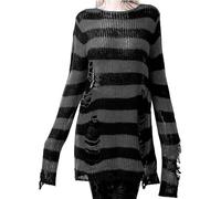 LLECDASEUI Women's Gothic Striped Hole Ripped Long Jumper, Y2K Grunge Hollowed Knitted Jumper, Plus Size Bagged Pullover Tops, Black & Grey, One Size