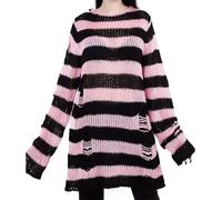 LLECDASEUI Women's Gothic Striped Hole Ripped Long Jumper, Y2K Grunge Hollowed Knitted Jumper, Plus Size Bagged Pullover Tops, Black & Pink, One Size
