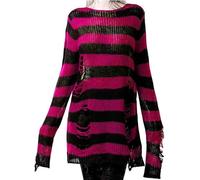 LLECDASEUI Womens Gothic Striped Hole Ripped Long Sweater, Y2K Grunge Hollow Out Knit Jumper, Oversized Distressed Pullover Tops (One Size,Black&Rose Red)