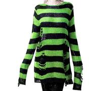 LLECDASEUI Womens Gothic Striped Hole Ripped Long Sweater, Y2K Grunge Hollow Out Knit Jumper, Oversized Distressed Pullover Tops (One Size,Black&Fluorescent Green)