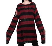 LLECDASEUI Womens Gothic Striped Hole Ripped Long Sweater, Y2K Grunge Hollow Out Knit Jumper, Oversized Distressed Pullover Tops (One Size,Black&Red)