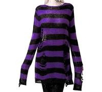 LLECDASEUI Womens Gothic Striped Hole Ripped Long Sweater, Y2K Grunge Hollow Out Knit Jumper, Oversized Distressed Pullover Tops (One Size,Black&Purple)