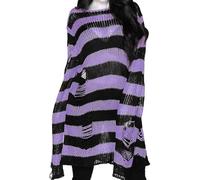 LLECDASEUI Womens Gothic Striped Hole Ripped Long Sweater, Y2K Grunge Hollow Out Knit Jumper, Oversized Distressed Pullover Tops (One Size,Black& Light Purple)