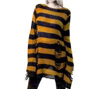 LLECDASEUI Womens Gothic Striped Hole Ripped Long Sweater, Y2K Grunge Hollow Out Knit Jumper, Oversized Distressed Pullover Tops (One Size,Black&Gold)