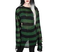 LLECDASEUI Womens Gothic Striped Hole Ripped Long Sweater, Y2K Grunge Hollow Out Knit Jumper, Oversized Distressed Pullover Tops (One Size,Black&Green)