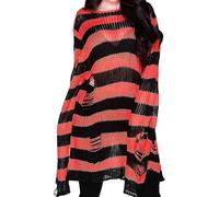 LLECDASEUI Womens Gothic Striped Hole Ripped Long Sweater, Y2K Grunge Hollow Out Knit Jumper, Oversized Distressed Pullover Tops (One Size,Black&Orange)