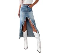 LLECDASEUI Womens Irregular High Waist Denim Skirt 2025 Summer Y2k Vintage Slit Skirts Distressed Fringed Hem Jean Maxi Skirt (M)