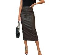 LLECDASEUI Womens Long Faux Leather Skirt Bodycon High Waist Slim Pencil Tummy Control Midi Skirt with Pockets (Coffee,S)