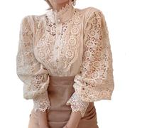 LLECDASEUI Women's Long Sleeve Lace Trim Blouse Button Down Victorian Shirts Dressy Casual Boho Work Tops Spring (Beige,S)