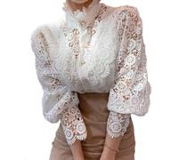 LLECDASEUI Women's Long Sleeve Lace Trim Blouse Button Down Victorian Shirts Dressy Casual Boho Work Tops Spring (White,XL)