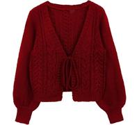LLECDASEUI Women's Long Sleeve Tie Front Cardigan Sweaters V Neck Knitted Fall Winter Outerwear Tops (Red,L)