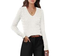 LLECDASEUI Women's Long Sleeve V Neck Cable Knit Sweater Jumper 2024 Fall Pullover Top Cute Soft Ladies Dressy Casual Outfits (S,Cream White)