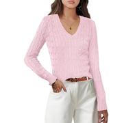 LLECDASEUI Women's Long Sleeve V Neck Cable Knit Sweater Jumper 2024 Fall Pullover Top Cute Soft Ladies Dressy Casual Outfits (L,Pink)