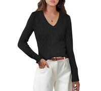 LLECDASEUI Women's Long Sleeve V Neck Cable Knit Sweater Jumper 2024 Fall Pullover Top Cute Soft Ladies Dressy Casual Outfits (L,Black)