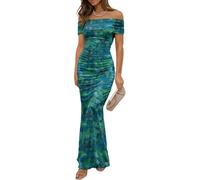 LLECDASEUI Women's Mesh Floral Maxi Dress 2025 Summer Off The Shoulder Ruched Bodycon Long Cocktail Party Fitted Dresses (Green-a,L)