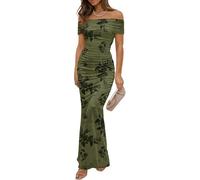 LLECDASEUI Women's Mesh Floral Maxi Dress 2025 Summer Off The Shoulder Ruched Bodycon Long Cocktail Party Fitted Dresses (Green-b,M)