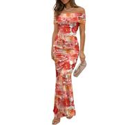 LLECDASEUI Women's Mesh Floral Maxi Dress 2025 Summer Off The Shoulder Ruched Bodycon Long Cocktail Party Fitted Dresses (Red,M)