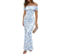 LLECDASEUI Women's Mesh Floral Maxi Dress 2025 Summer Off The Shoulder Ruched Bodycon Long Cocktail Party Fitted Dresses (Blue,XL)