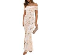 LLECDASEUI Women's Mesh Floral Maxi Dress 2025 Summer Off The Shoulder Ruched Bodycon Long Cocktail Party Fitted Dresses (White,L)