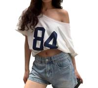 LLECDASEUI Womens One Shoulder Y2k Graphic T-shirts Short Sleeve Number Print Asymmetrical Top Jersey E-Girl Tees (M,White)