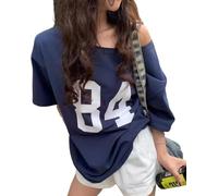 LLECDASEUI Womens One Shoulder Y2k Graphic T-shirts Short Sleeve Number Print Asymmetrical Top Jersey E-Girl Tees (L,Blue)