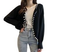 LLECDASEUI Women's Open Front Cardigan Sweater Pearls Trim Coat Knitted Long Sleeve Outerwear 2024 Trendy Lightweight Crew Neck Clothes (Black,average size)