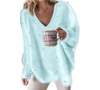 LLECDASEUI Women's Oversized Pullover Sweater with Pearls Embellished V Neck Long Sleeve Trendy Dressy Aesthetic Knit Tops (Blue,S)
