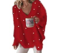 LLECDASEUI Women's Oversized Pullover Sweater with Pearls Embellished V Neck Long Sleeve Trendy Dressy Aesthetic Knit Tops (Red,L)