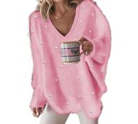 LLECDASEUI Women's Oversized Pullover Sweater with Pearls Embellished V Neck Long Sleeve Trendy Dressy Aesthetic Knit Tops (Pink,S)