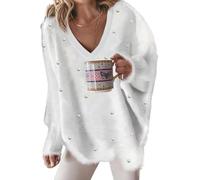 LLECDASEUI Women's Oversized Pullover Sweater with Pearls Embellished V Neck Long Sleeve Trendy Dressy Aesthetic Knit Tops (White,S)