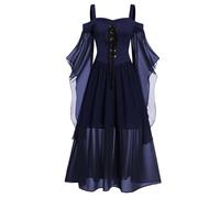 LLECDASEUI Womens Plus Size Victorian Gothic Jacquard Grommets Buckle Cross Butterfly Sleeve Medieval Renaissance Dress (Blue,2XL)