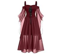 LLECDASEUI Womens Plus Size Victorian Gothic Jacquard Grommets Buckle Cross Butterfly Sleeve Medieval Renaissance Dress (Red-c,XL)