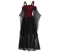 LLECDASEUI Womens Plus Size Victorian Gothic Jacquard Grommets Buckle Cross Butterfly Sleeve Medieval Renaissance Dress (Red-a,XL)