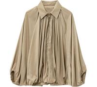 LLECDASEUI Women's Puffed Bomber Jacket Oversized Streetwear Casual Batwing Sleeve Lapel Collar Zip Front Pleated Shirts (Khaki,S)