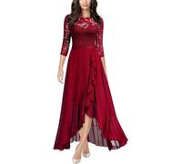 LLECDASEUI Women's Retro V-Neck Lace Ruffle Bridesmaids Party Gown Elegantly Formal Maxi Dress (M,Red)