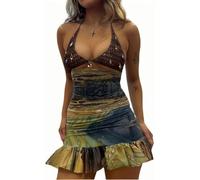 LLECDASEUI Womens Sexy 2 Piece Outfit Backless Halter Neck Suspenders Crop Top High Waist Printed Skirt Summer Party Clubwear (S)