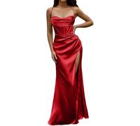 LLECDASEUI Womens Sexy Corset Spaghetti Strap Maxi Dress Elegant Satin Evening Gowns Low Cut Thigh High Slit Fishbone Long Dresses (M,Red)