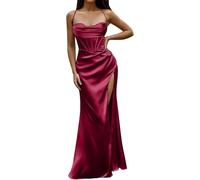 LLECDASEUI Womens Sexy Corset Spaghetti Strap Maxi Dress Elegant Satin Evening Gowns Low Cut Thigh High Slit Fishbone Long Dresses (S,Wine)