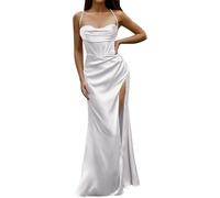 LLECDASEUI Womens Sexy Corset Spaghetti Strap Maxi Dress Elegant Satin Evening Gowns Low Cut Thigh High Slit Fishbone Long Dresses (S,White)