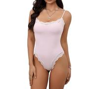 LLECDASEUI Womens Sexy Lace Cami Bodysuit Adjustable Spaghetti Strap Square Neck Jumpsuit Yoga Workout Shapewear (Pink,M)