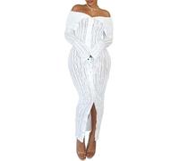 LLECDASEUI Womens Sexy Mesh Off Shoulder Maxi Dresses Pleated See Through Button Down Bodycon Long Dress Party Club Night (XXL,White)