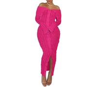 LLECDASEUI Womens Sexy Mesh Off Shoulder Maxi Dresses Pleated See Through Button Down Bodycon Long Dress Party Club Night (L,Rose Red)