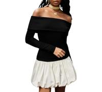 LLECDASEUI Womens Sexy Off Shoulder Bubble Mini Dress, Color Block Long Sleeve A-line Puff Dresses for Cocktail Party Club (S,White)