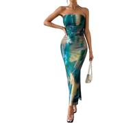 LLECDASEUI Womens Sexy Tube Maxi Dress, Boho Strapless Bodycon Dresses, Mesh Printed Side Slit Long Dress for Cocktail Party (M,Yellow Blue)