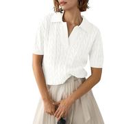 LLECDASEUI Womens Short Trendy Casual Summer Sleeve Sweater Cable Knit V Neck Pullover Polo Shirts (S,White)