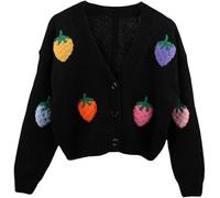 LLECDASEUI Women's Strawberry Print Button Down Long Sleeve V Neck Crop Cardigan Sweater (Black,M)